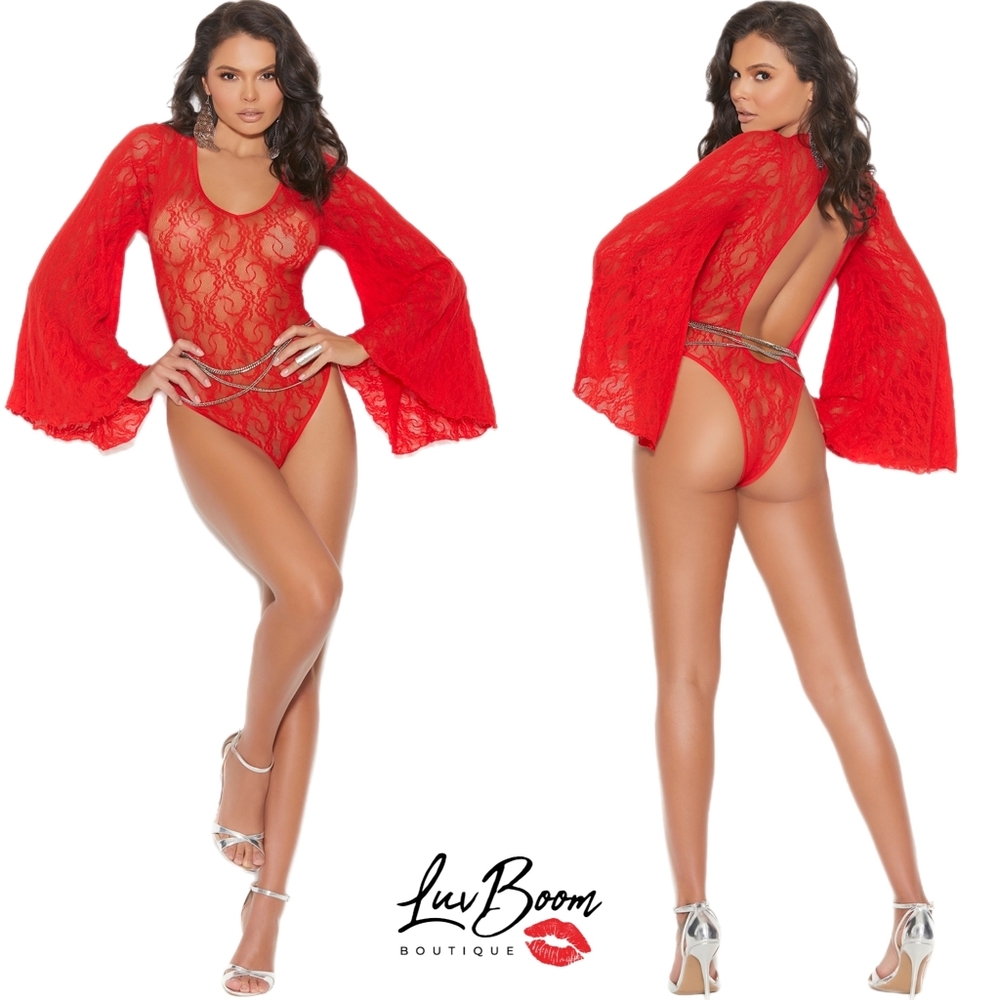 ‼️💌Romantic Red Deep V Lace Lingerie Teddy Bodysuit Bell Sleeves